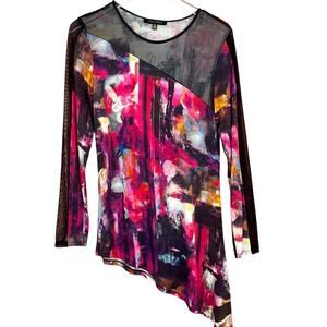 Jolibel Womens Top Mesh Assymetrical Hem Artsy Art to Wear Watercolor Size 10